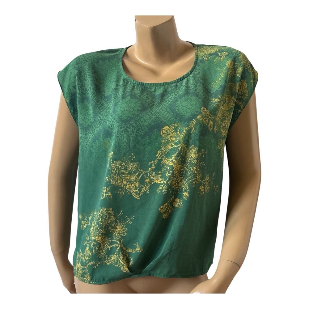 CABI Womens Size Small Short Sleeve Green White Boho Tribal Ruched Front Shirt